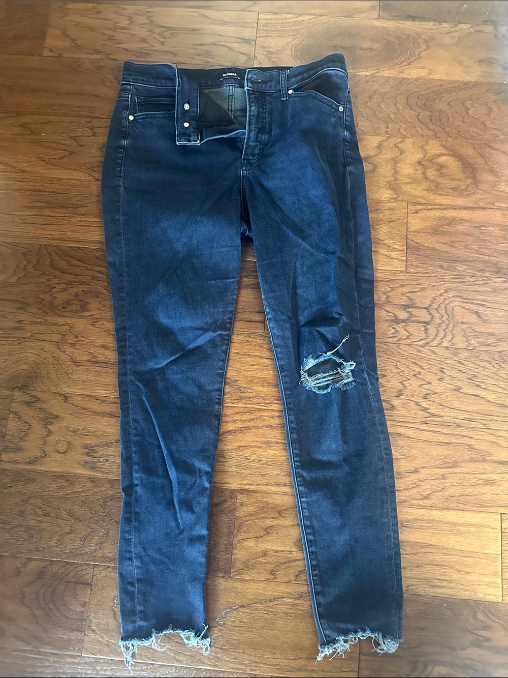 Express Navy Skinny Jeans with Distressed Knee